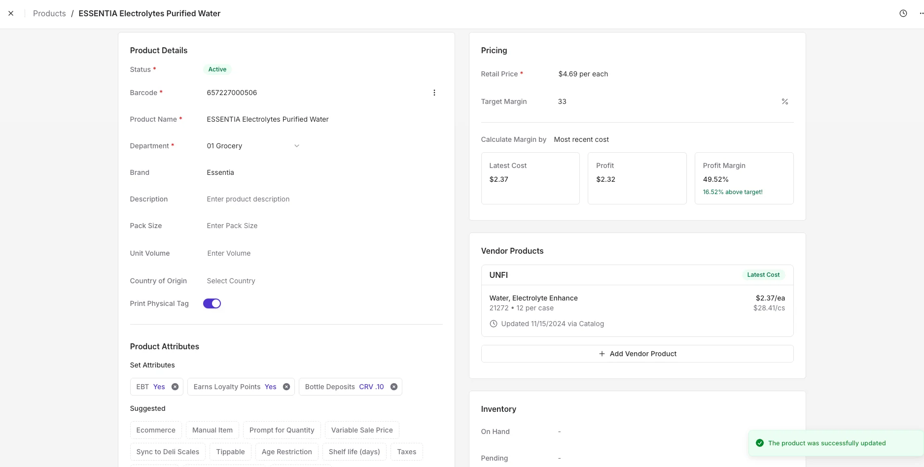 Product Details page in Back Office showing the "The product was successfully updated" confirmation pop-up in the bottom-right corner