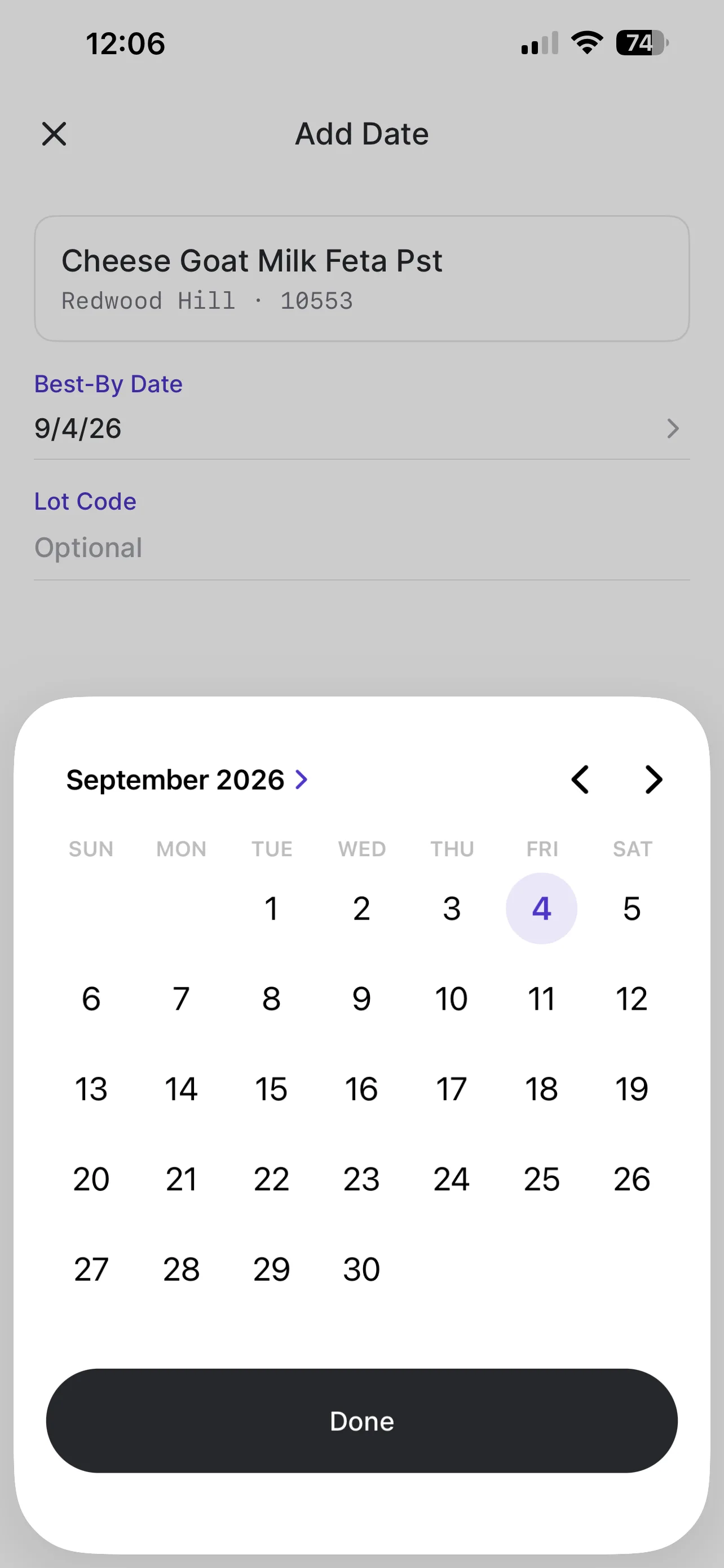 Add Date screen with a calendar open to set the Best-By Date