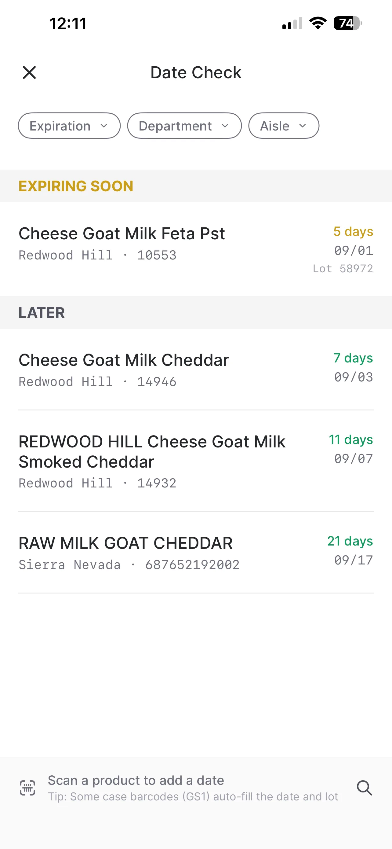 Date Check list with an item grouped under Expiring Soon and other items grouped under Later, each showing days remaining and the best-by date