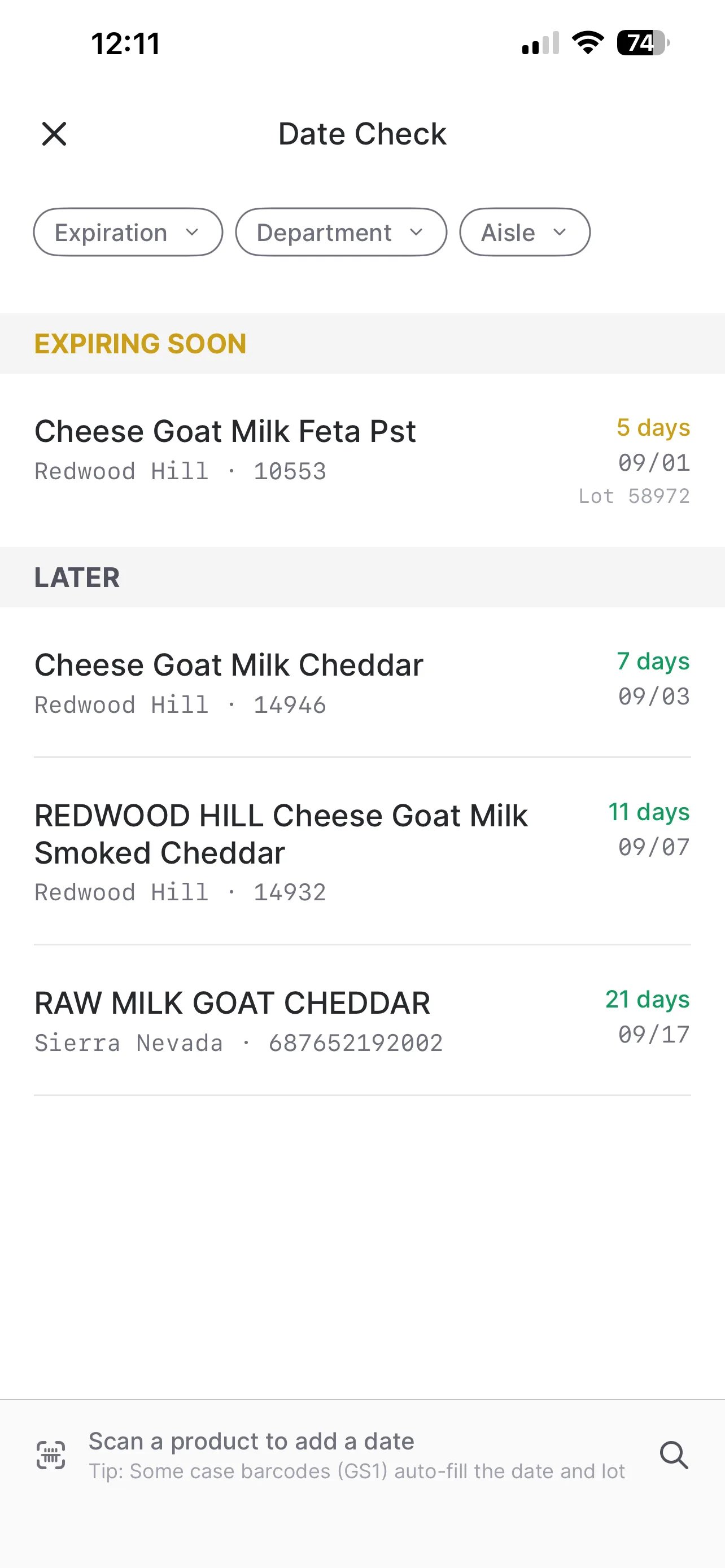 Date Check list with an item grouped under Expiring Soon and other items grouped under Later, each showing days remaining and the best-by date