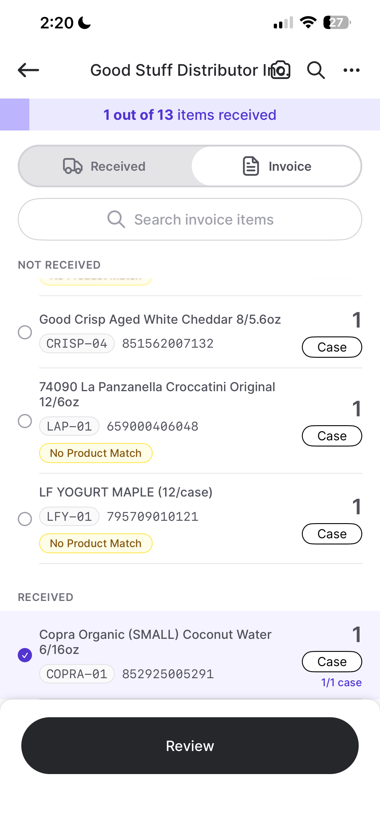 Invoice tab grouped into Not Received and Received sections, with No Product Match flagged on unreceived items