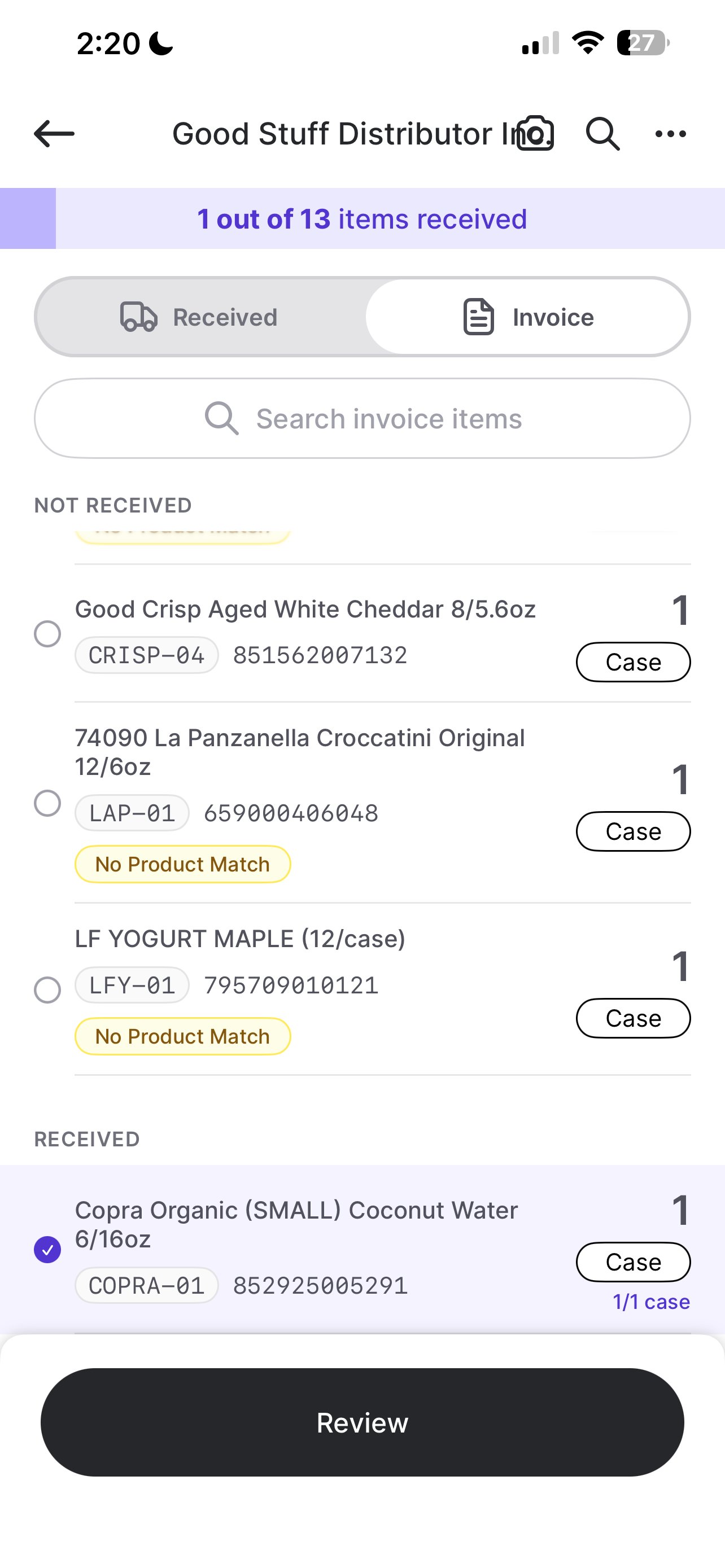 Invoice tab grouped into Not Received and Received sections, with No Product Match flagged on unreceived items