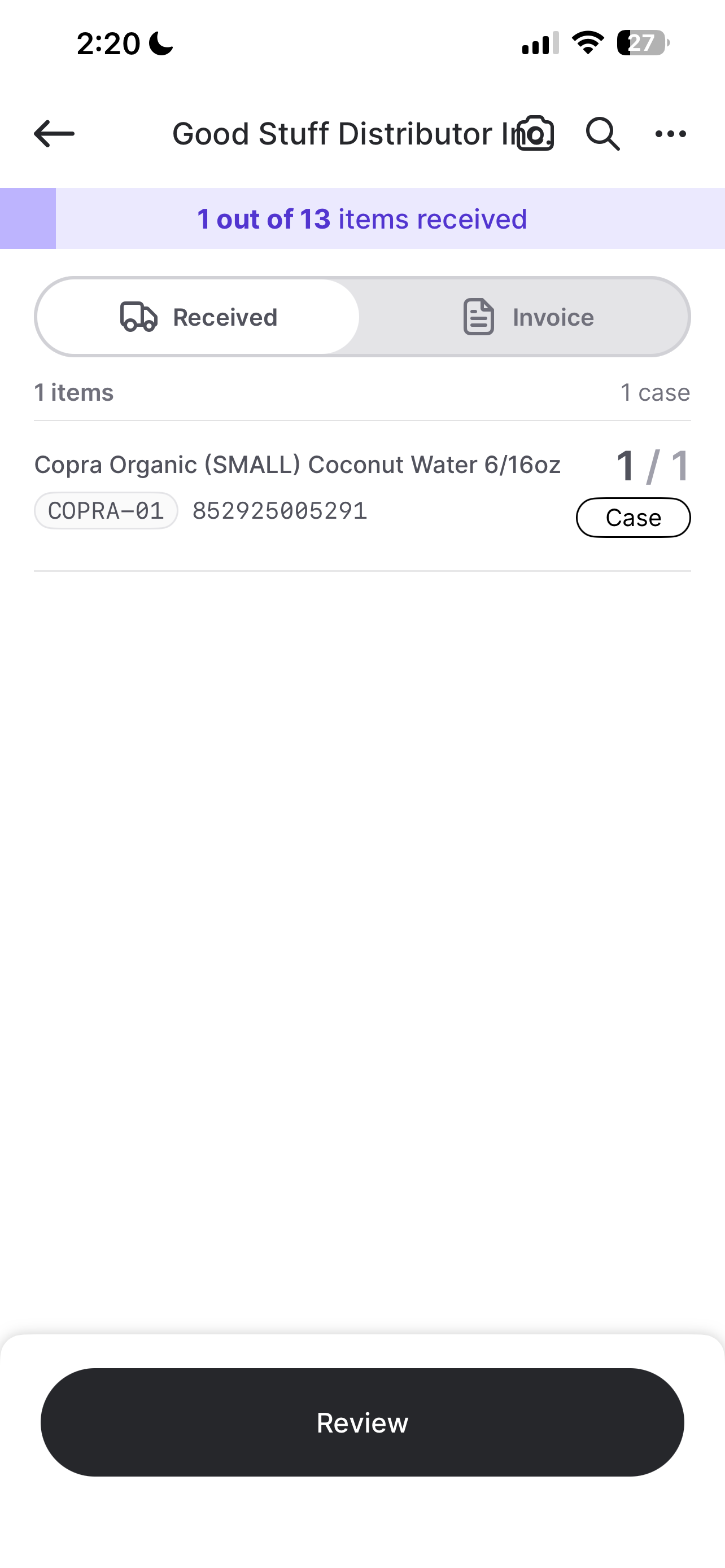 Received tab showing 1 out of 13 items received, with a Review button at the bottom