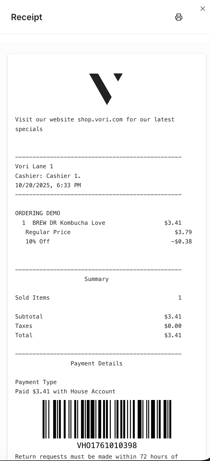 Receipt preview showing items, totals, payment details, and barcode
