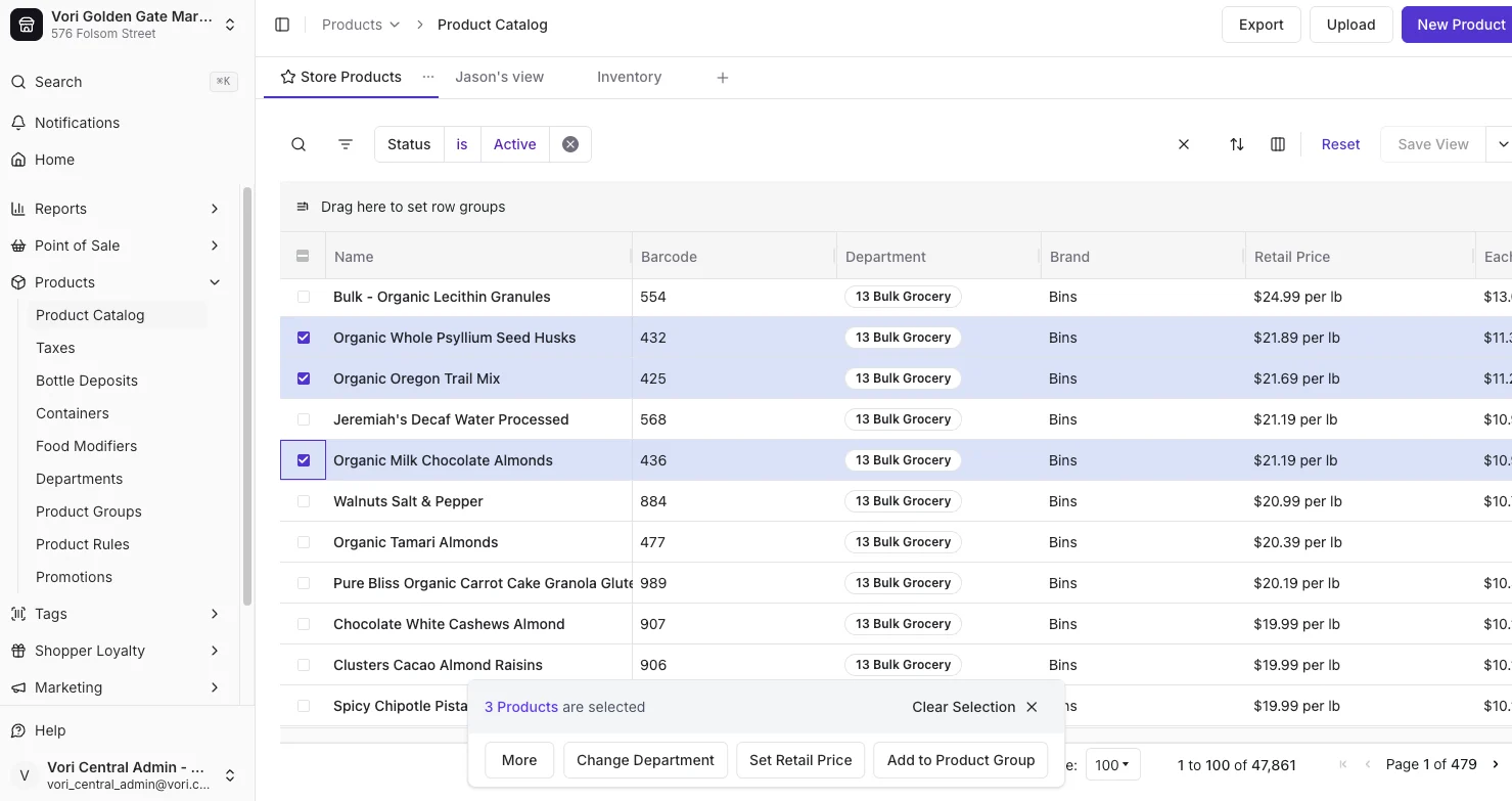 Product Catalog with three products selected and the bulk update prompt at the bottom of the screen