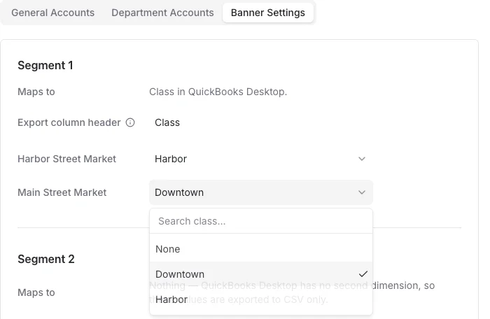 Segment 1 card with Export column header set to Class and a store's class dropdown open