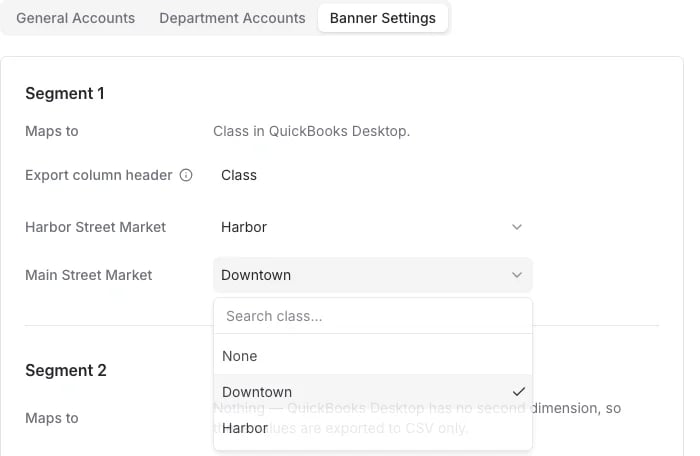 Segment 1 card with Export column header set to Class and a store's class dropdown open