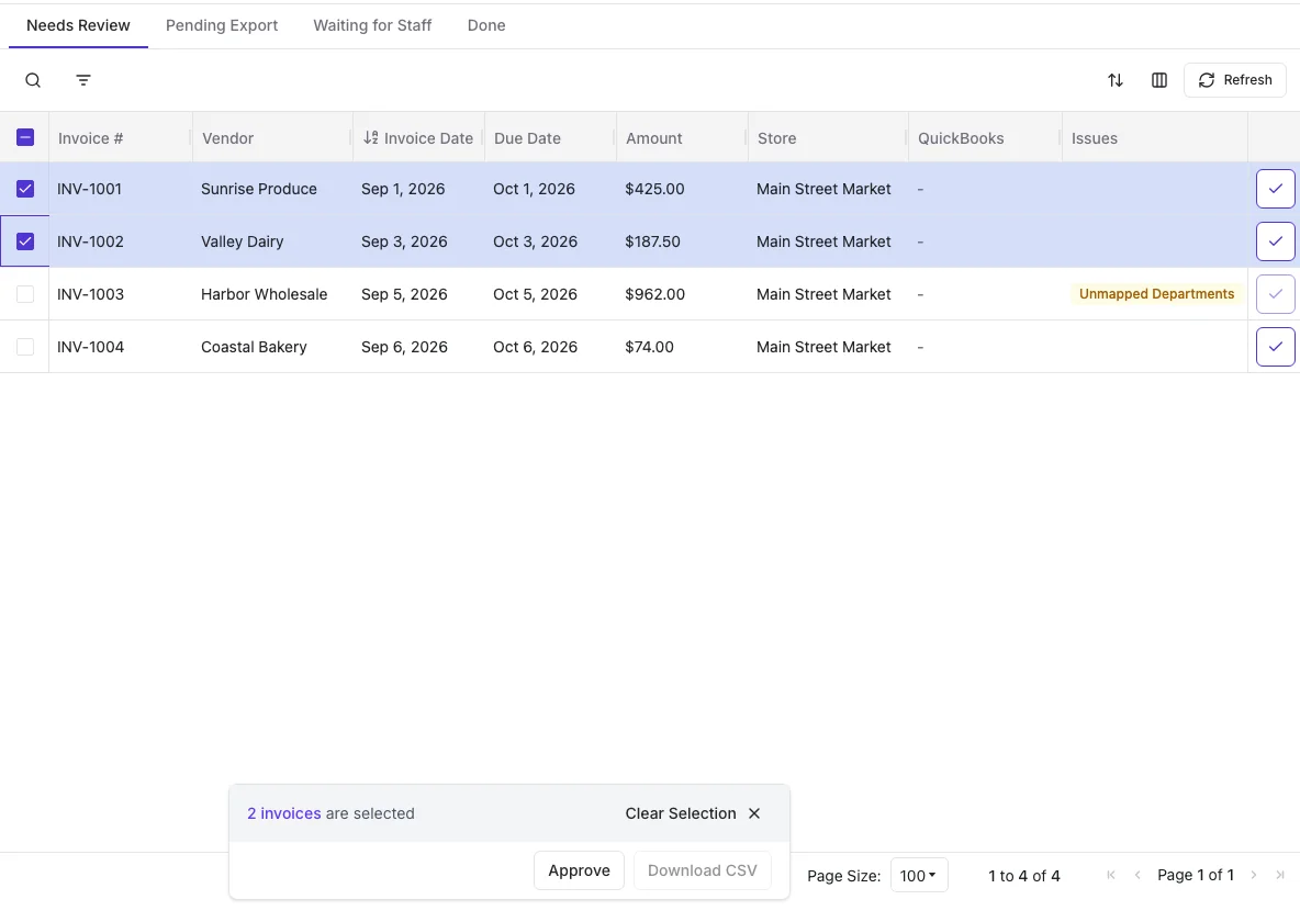 Two invoices selected on Invoice Review with the Approve button in the toolbar
