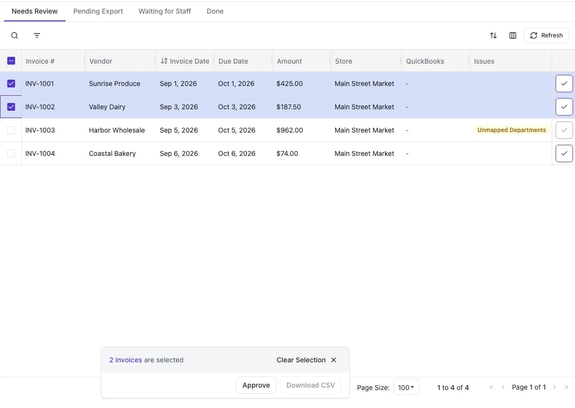 Two invoices selected on Invoice Review with the Approve button in the toolbar