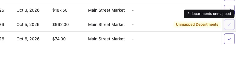 Approve check marks at the end of each row, with a gray one showing the tooltip 2 departments unmapped