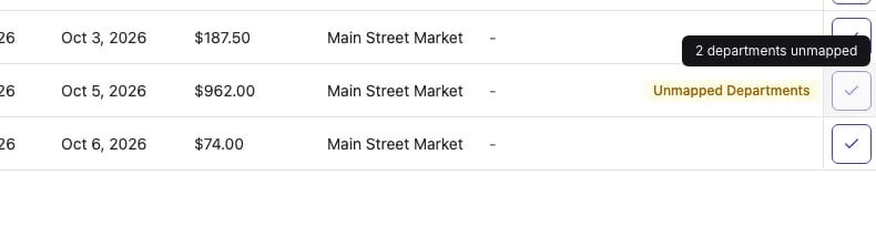 Approve check marks at the end of each row, with a gray one showing the tooltip 2 departments unmapped