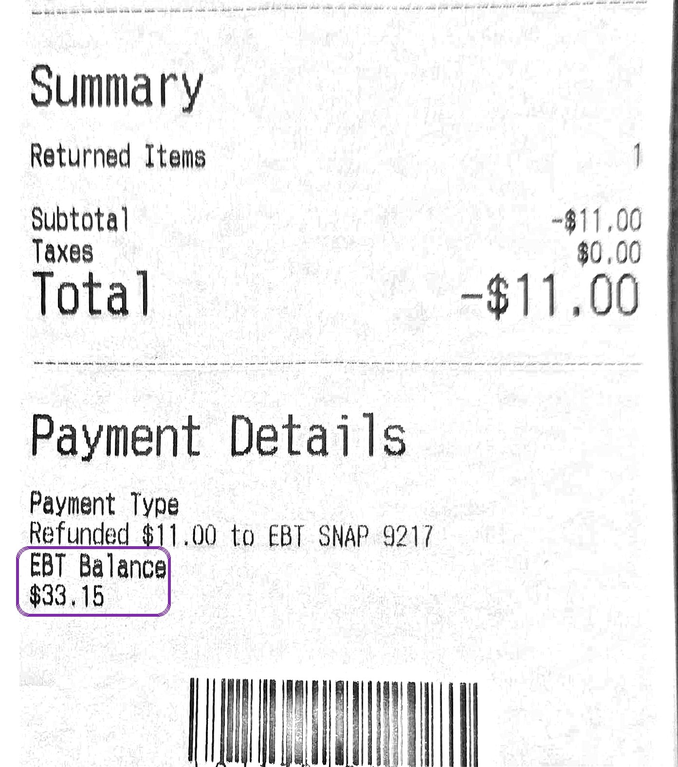 Receipt showing the customer's remaining EBT balance