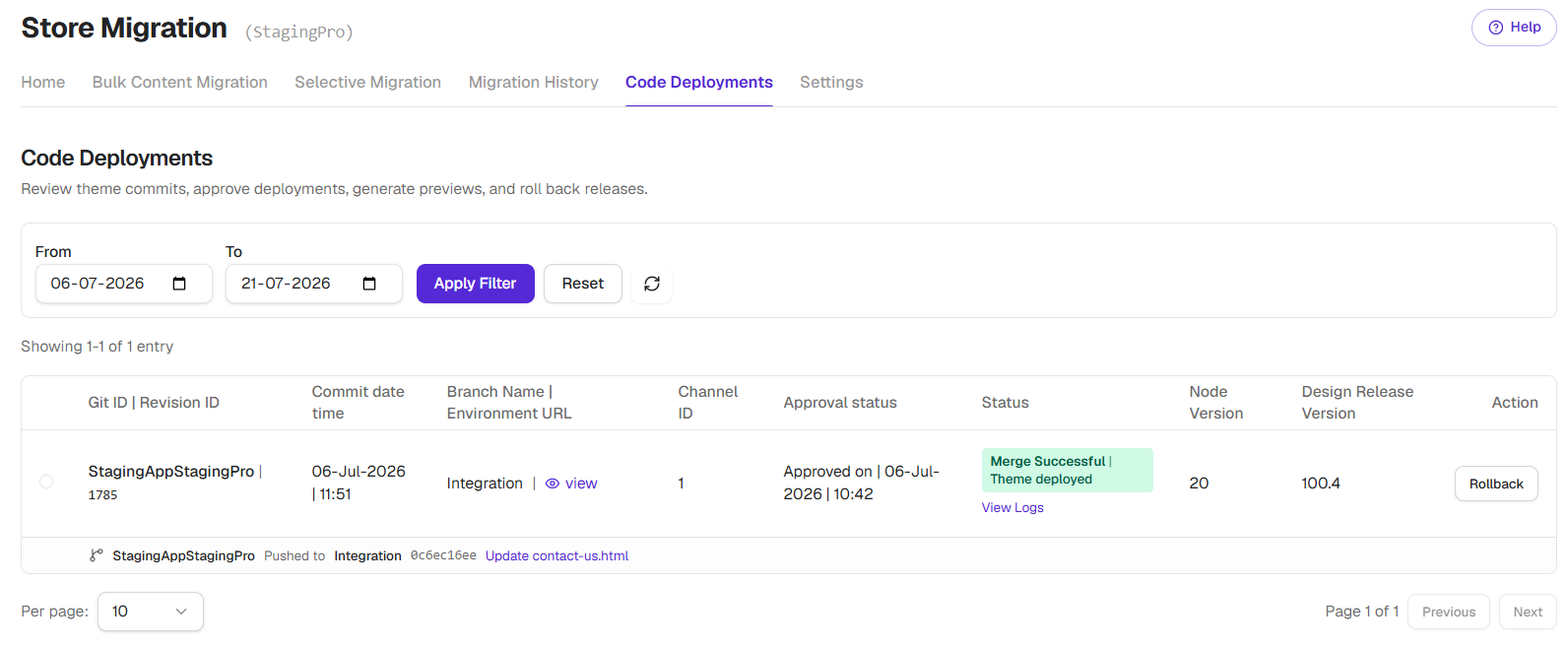 Code Deployment tab