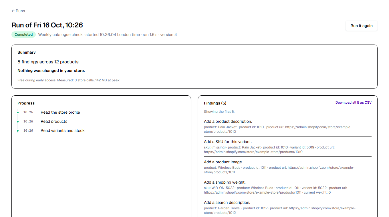 A run started through the API, on the Runs screen