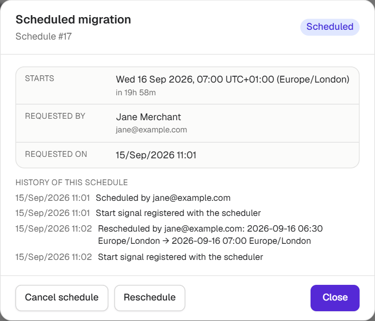 The schedule's history after a reschedule, showing the old and the new time