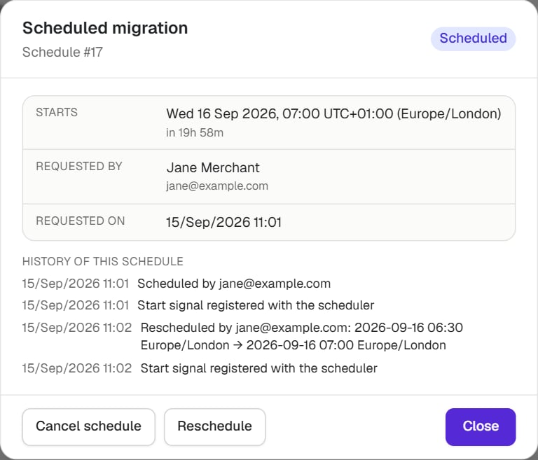 The schedule's history after a reschedule, showing the old and the new time