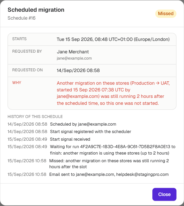 A missed schedule, with the reason and the history of the schedule including the emails sent