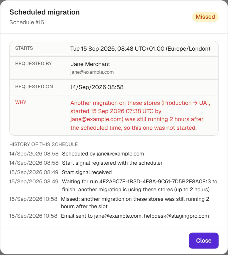 A missed schedule, with the reason and the history of the schedule including the emails sent