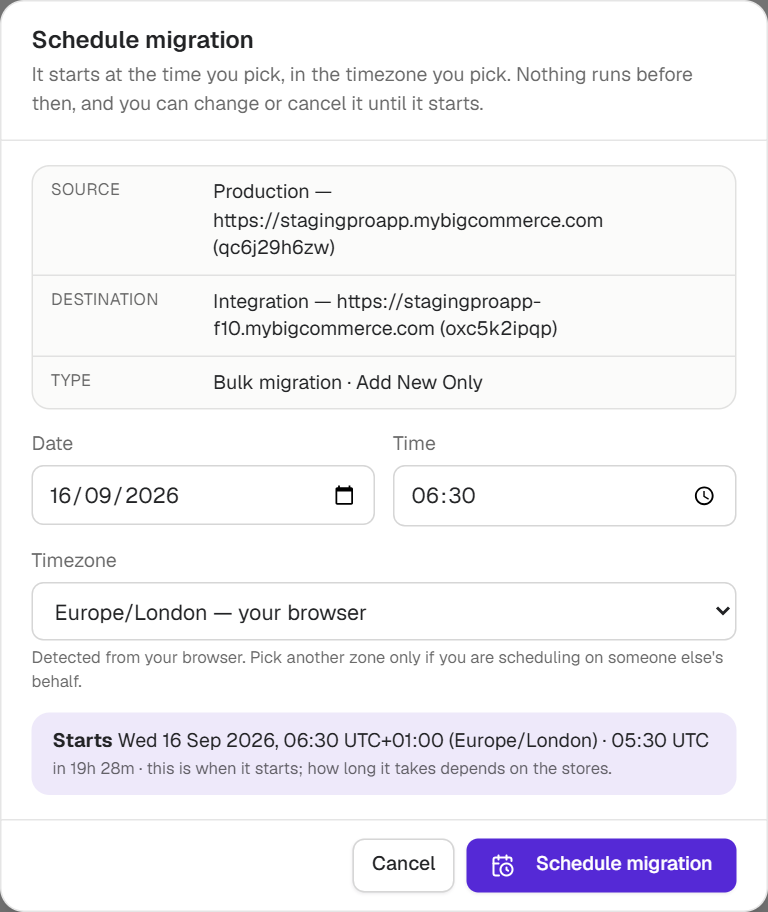 The Schedule migration dialog with date, time, timezone and a Starts preview line