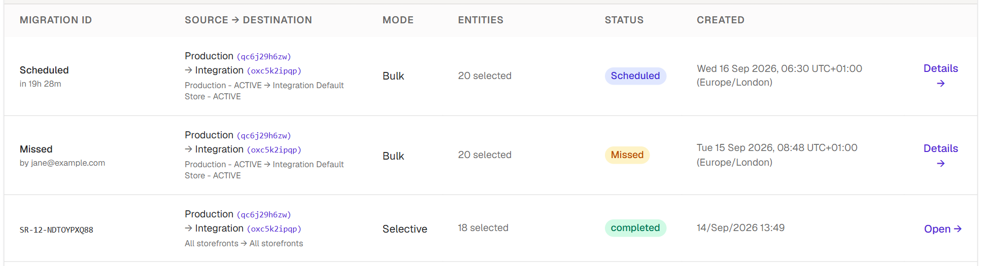 Migration History with a Scheduled row, a Missed row and a completed scheduled run