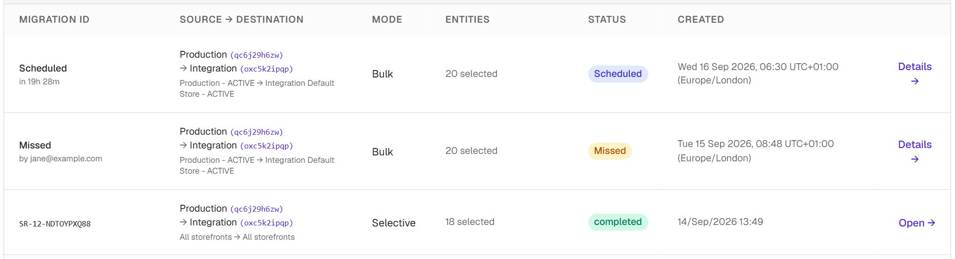 Migration History with a Scheduled row, a Missed row and a completed scheduled run