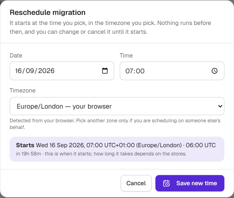 The Reschedule migration dialog