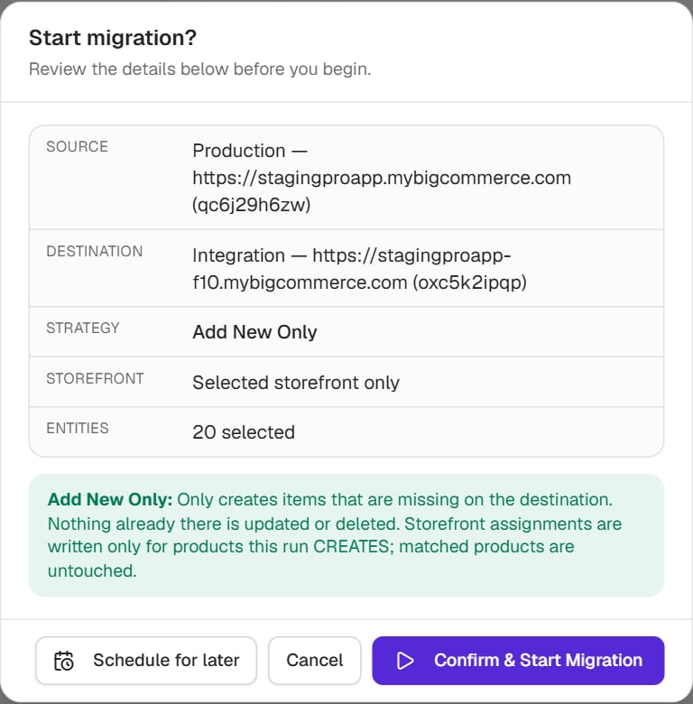 The Start migration confirmation dialog, with a Schedule for later button next to Confirm and Start Migration