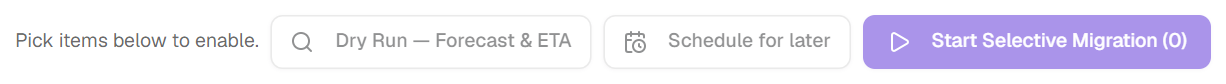 The Selective Content Migration action bar: Dry Run, Schedule for later and Start Selective Migration