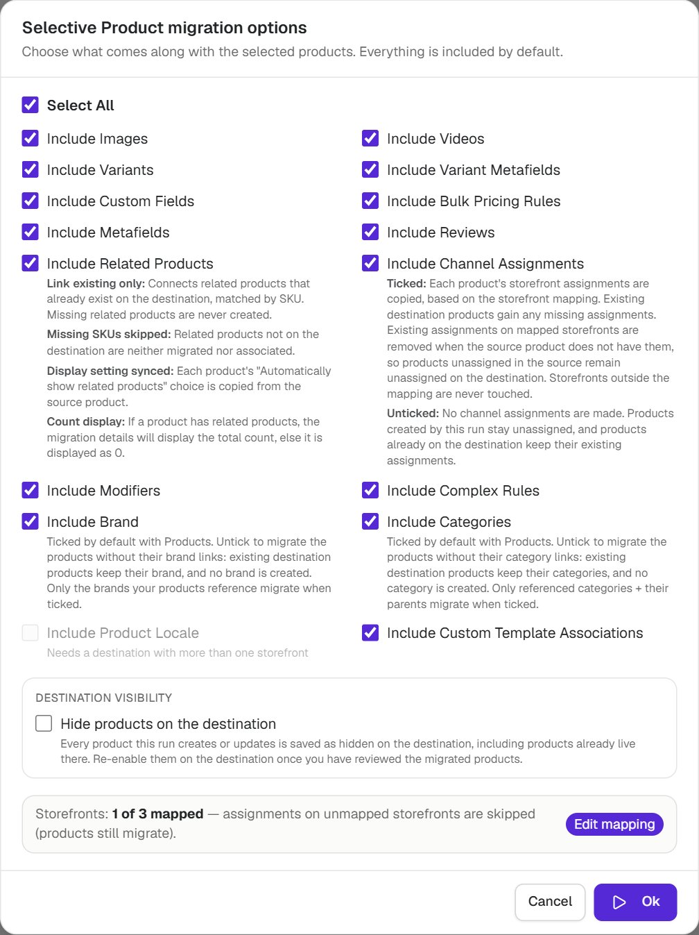 The Selective Product migration options popup, with Include Brand and Include Categories unlocked and the Hide products on the destination option