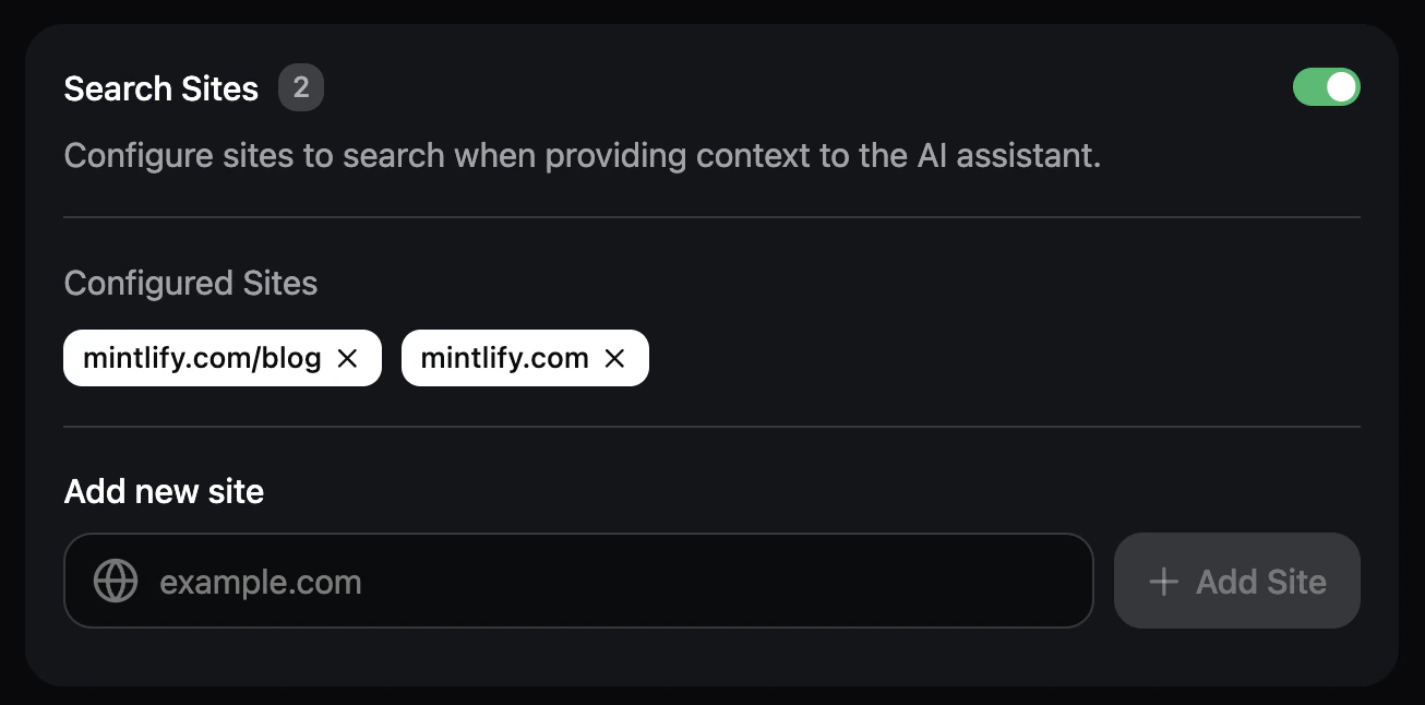 The assistant search sites panel in the dashboard. The assistant is configured to search the mintlify.com and mintlify.com/blog domains.