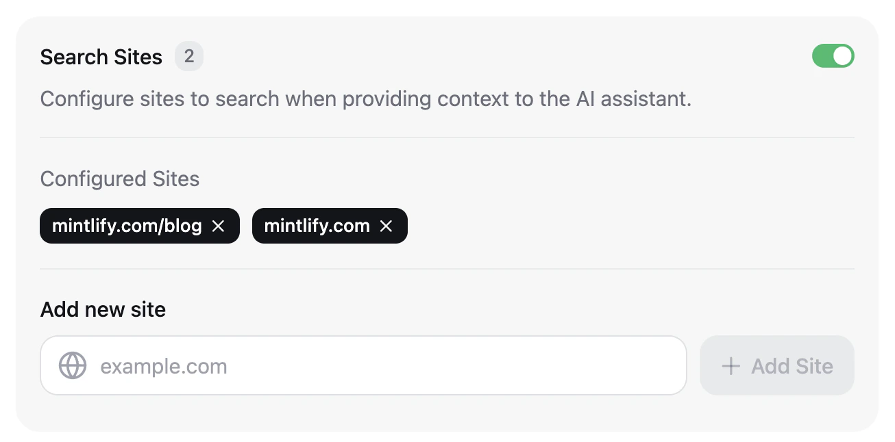 The assistant search sites panel in the dashboard. The assistant is configured to search the mintlify.com and mintlify.com/blog domains.
