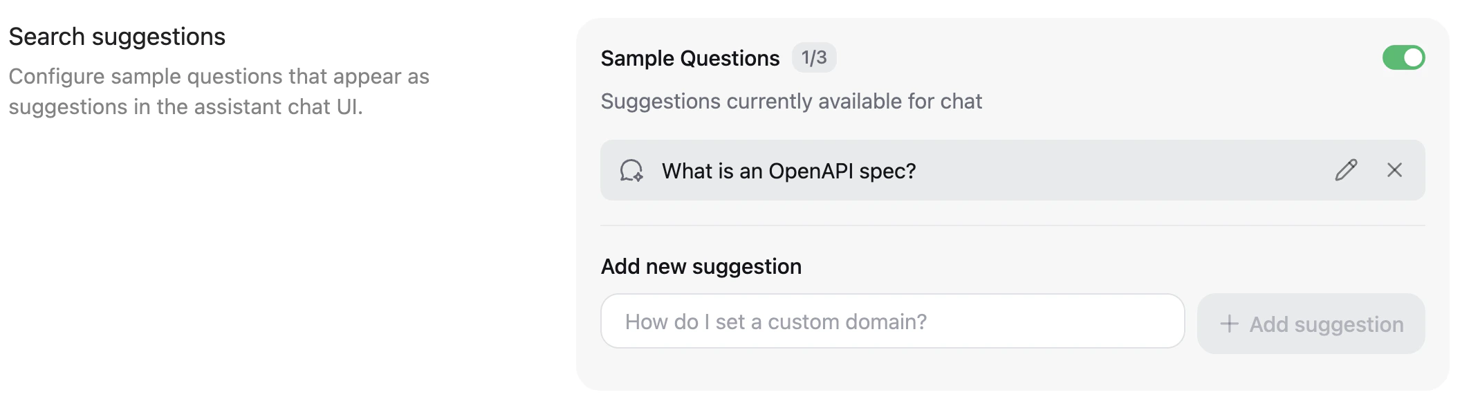 The search suggestions panel in the dashboard. What is an OpenAPI spec? is configured as a sample question.