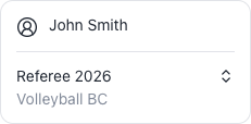Sidebar identity card showing Referee 2026 for Volleyball BC