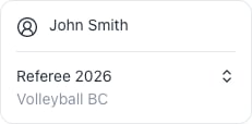 Sidebar identity card showing Referee 2026 for Volleyball BC