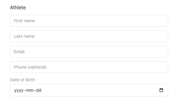 Athlete fields for first name, last name, email, phone, and date of birth