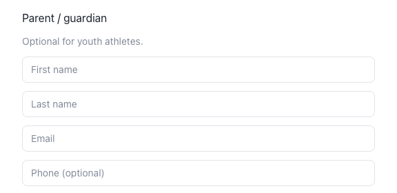 Parent or guardian name, email, and phone fields