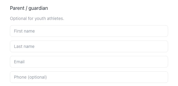 Parent or guardian name, email, and phone fields