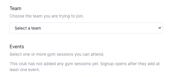 Tryout signup team dropdown and events section