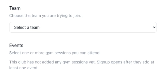 Tryout signup team dropdown and events section