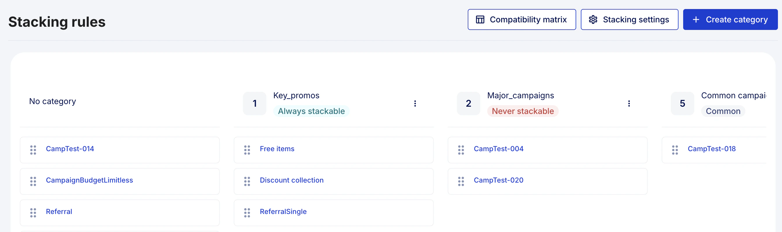 View of stacking rules showing existing categories, their hierarchies, and campaigns assigned to the categories. The view also includes a no category group that includes campaigns without any category assigned to them