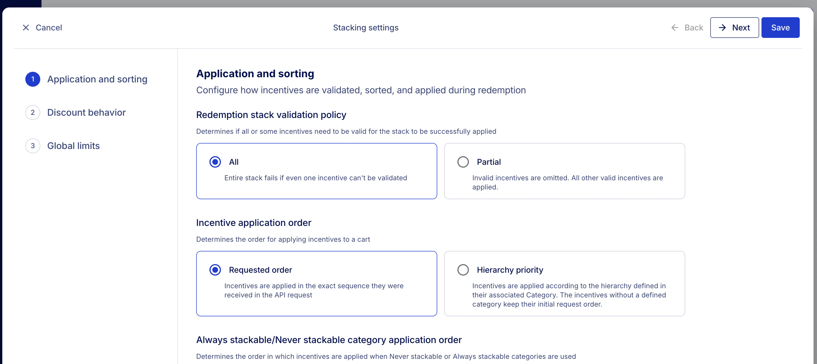 View of stacking settings showing application and sorting settings. The image shows also other group of settings: Discount behavior and global limits
