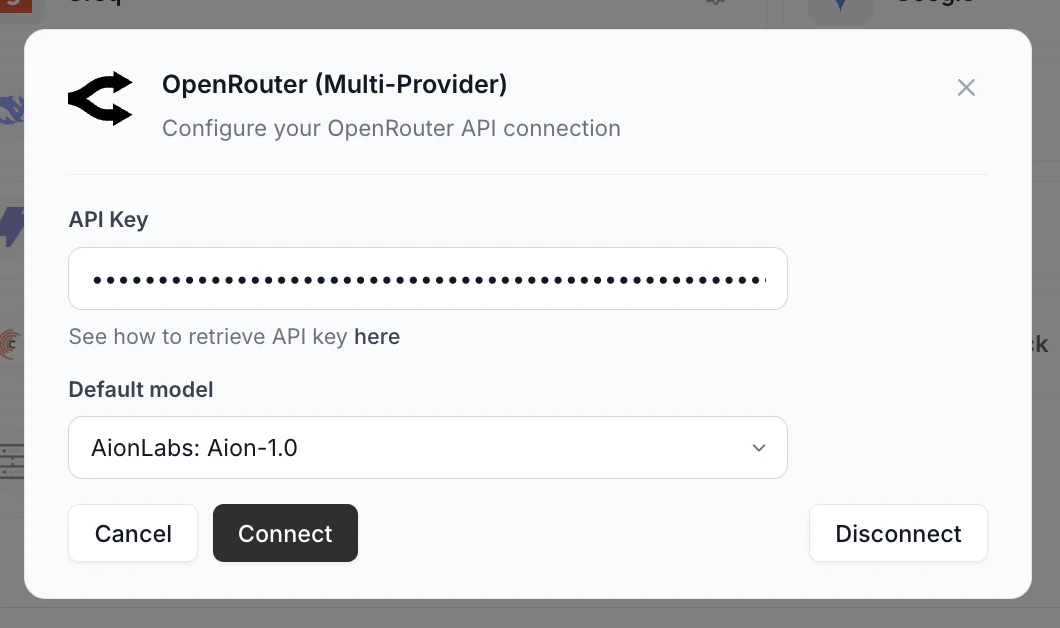 Connected provider popup with Disconnect button
