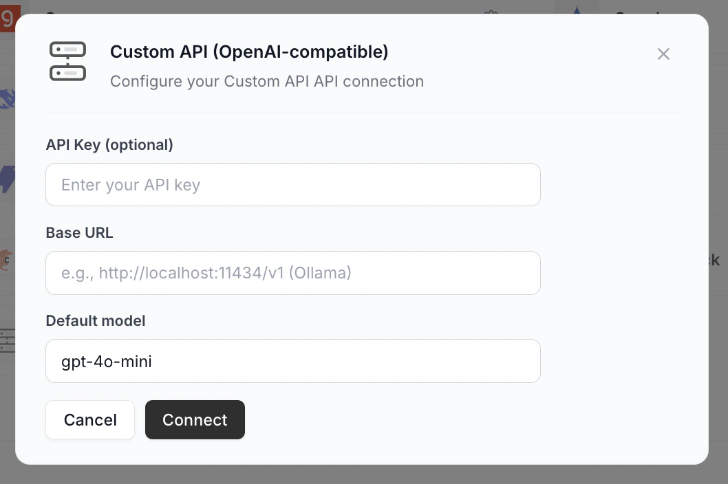 Custom API setup popup