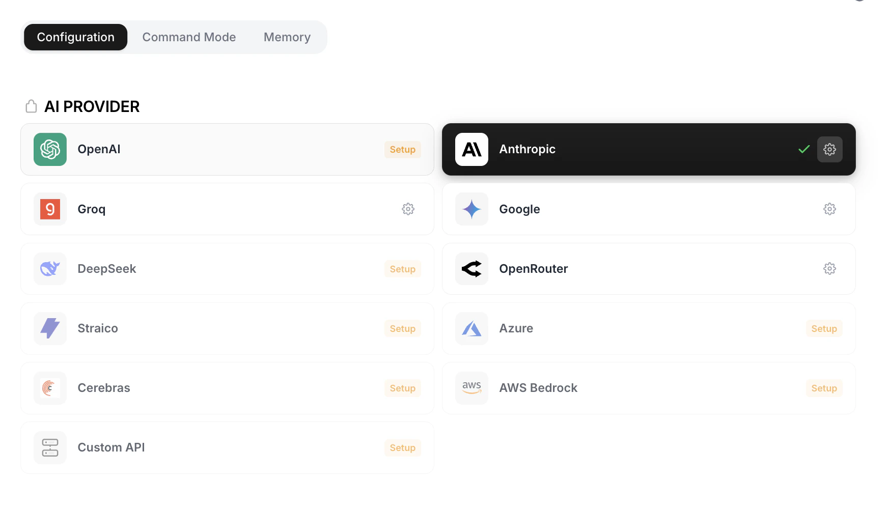 AI Provider list in Vowen settings