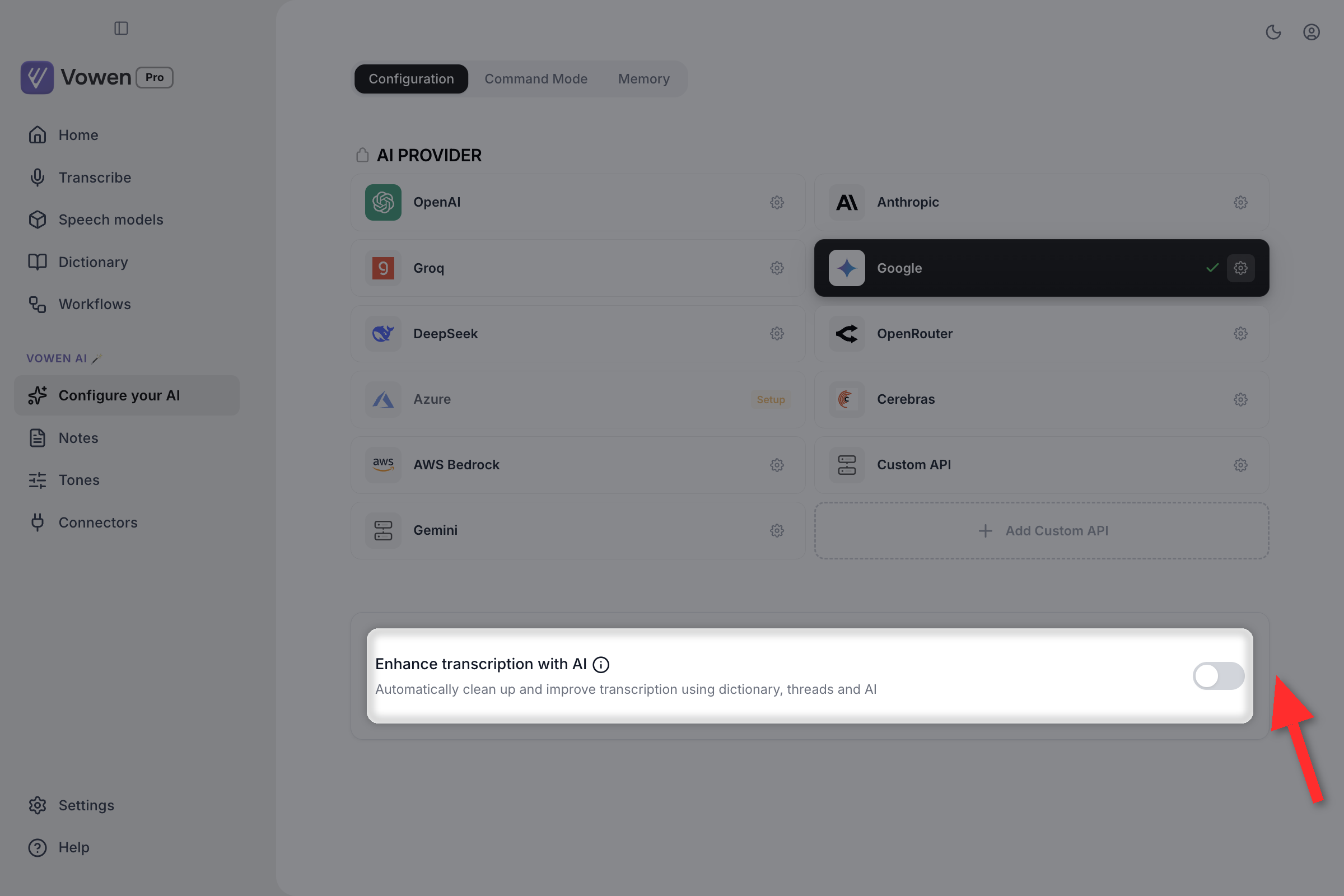 The Configure your AI page with the Enhance transcription with AI row highlighted below the provider grid