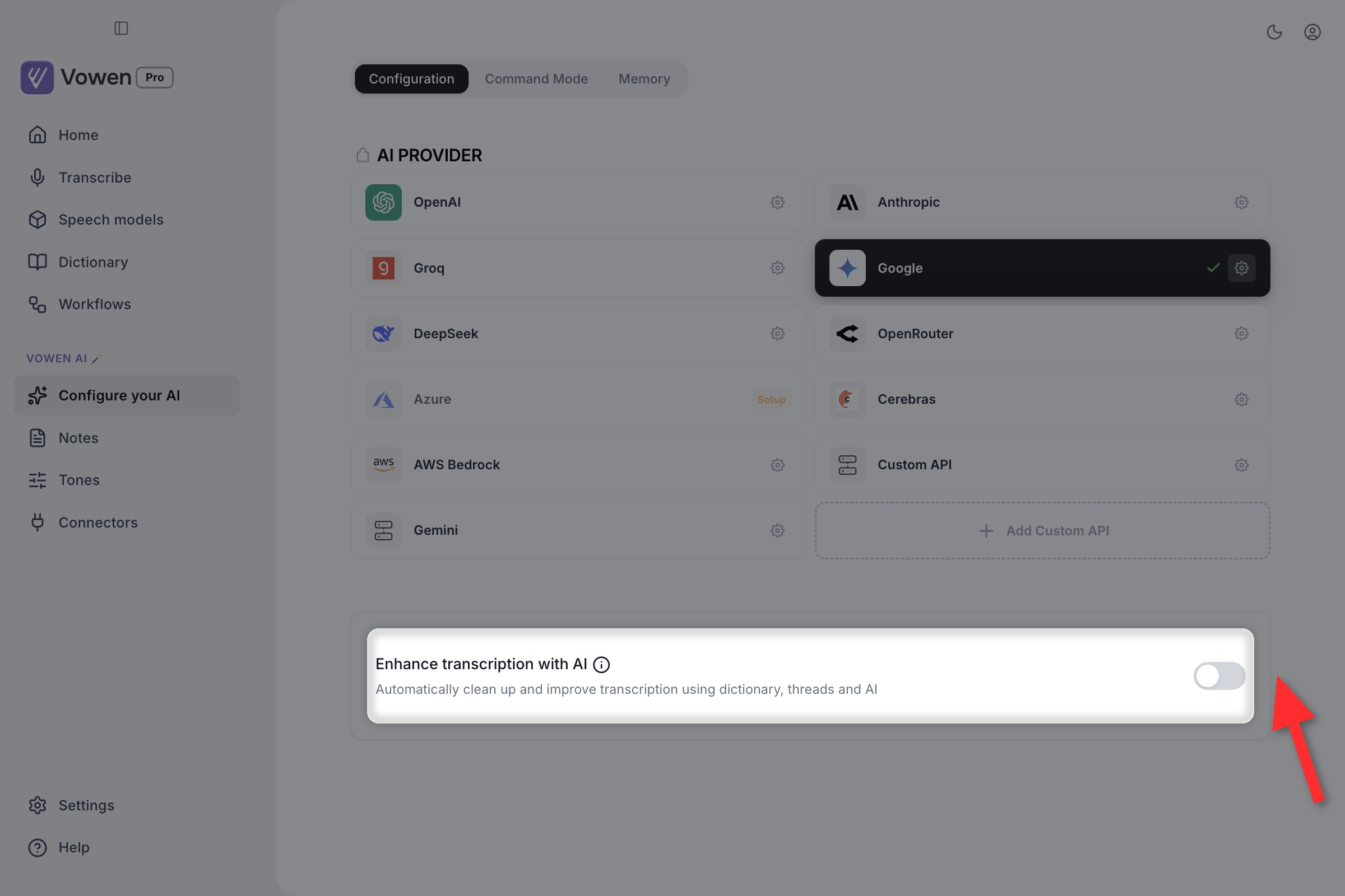 The Configure your AI page with the Enhance transcription with AI row highlighted below the provider grid