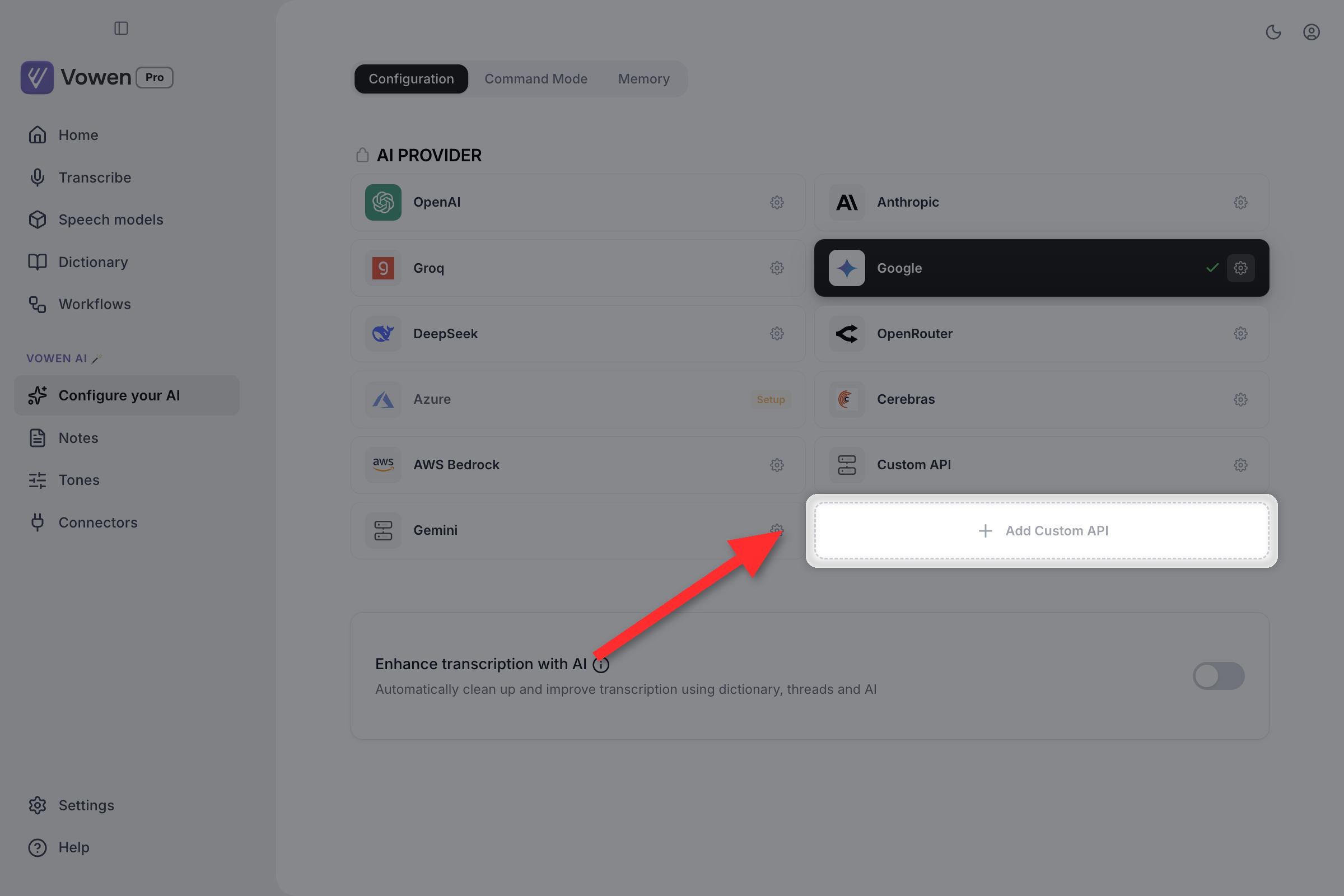 A dotted-outline card in the provider grid labelled Add Custom API with a plus icon
