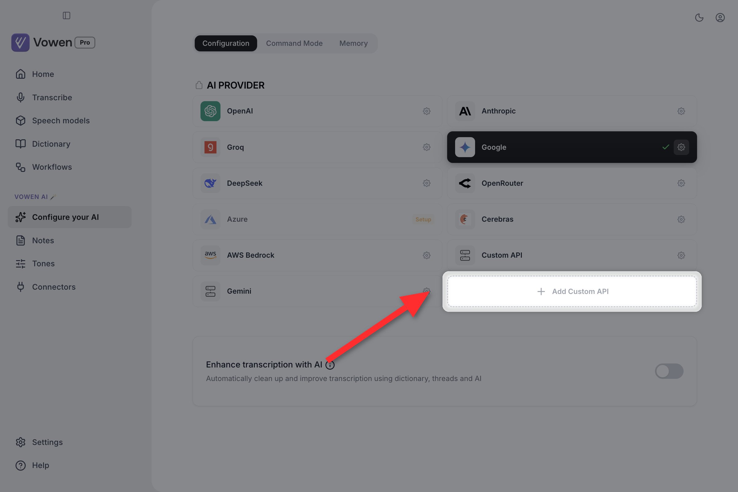 A dotted-outline card in the provider grid labelled Add Custom API with a plus icon