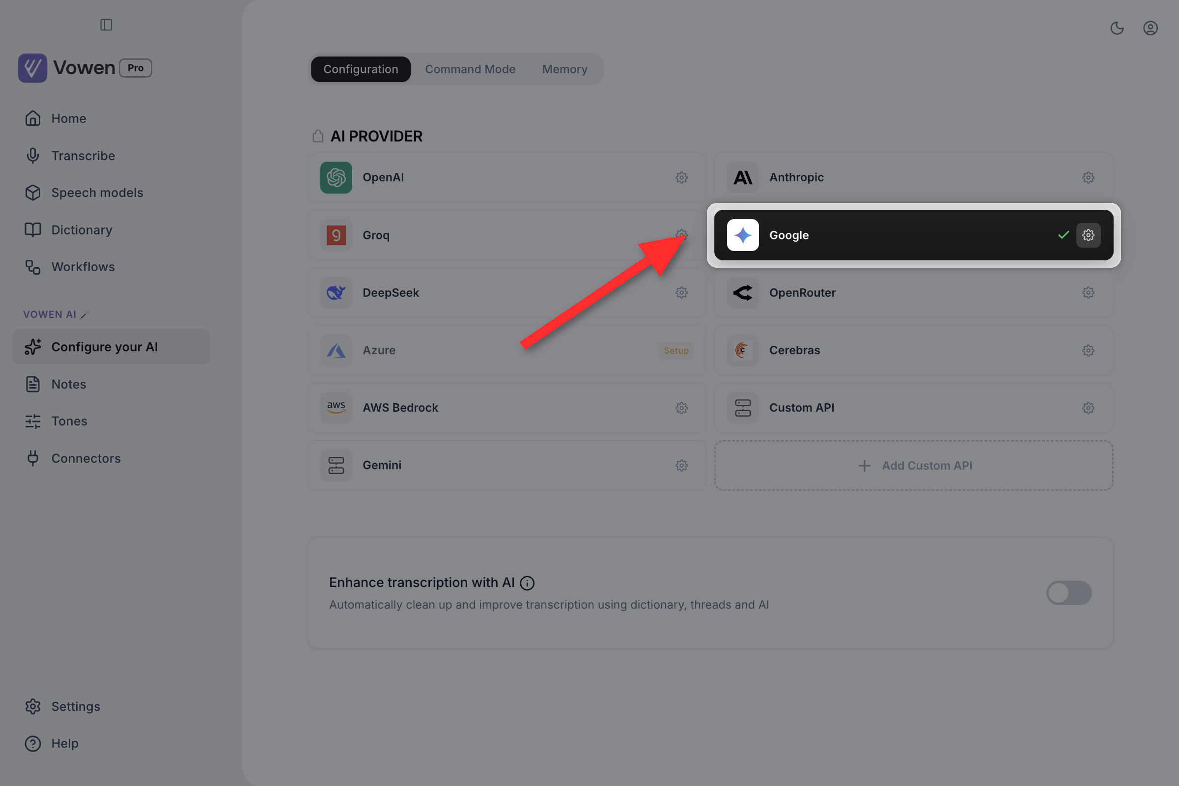 The Configure your AI provider grid with the active provider card highlighted, showing a tick and a gear on its right edge