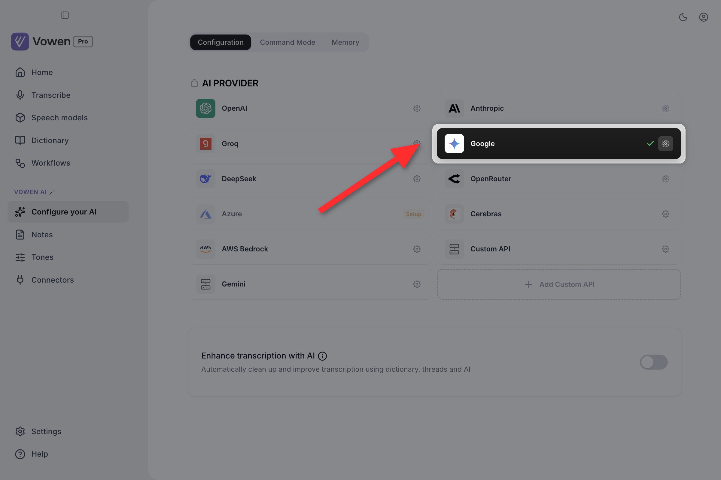 The Configure your AI provider grid with the active provider card highlighted, showing a tick and a gear on its right edge